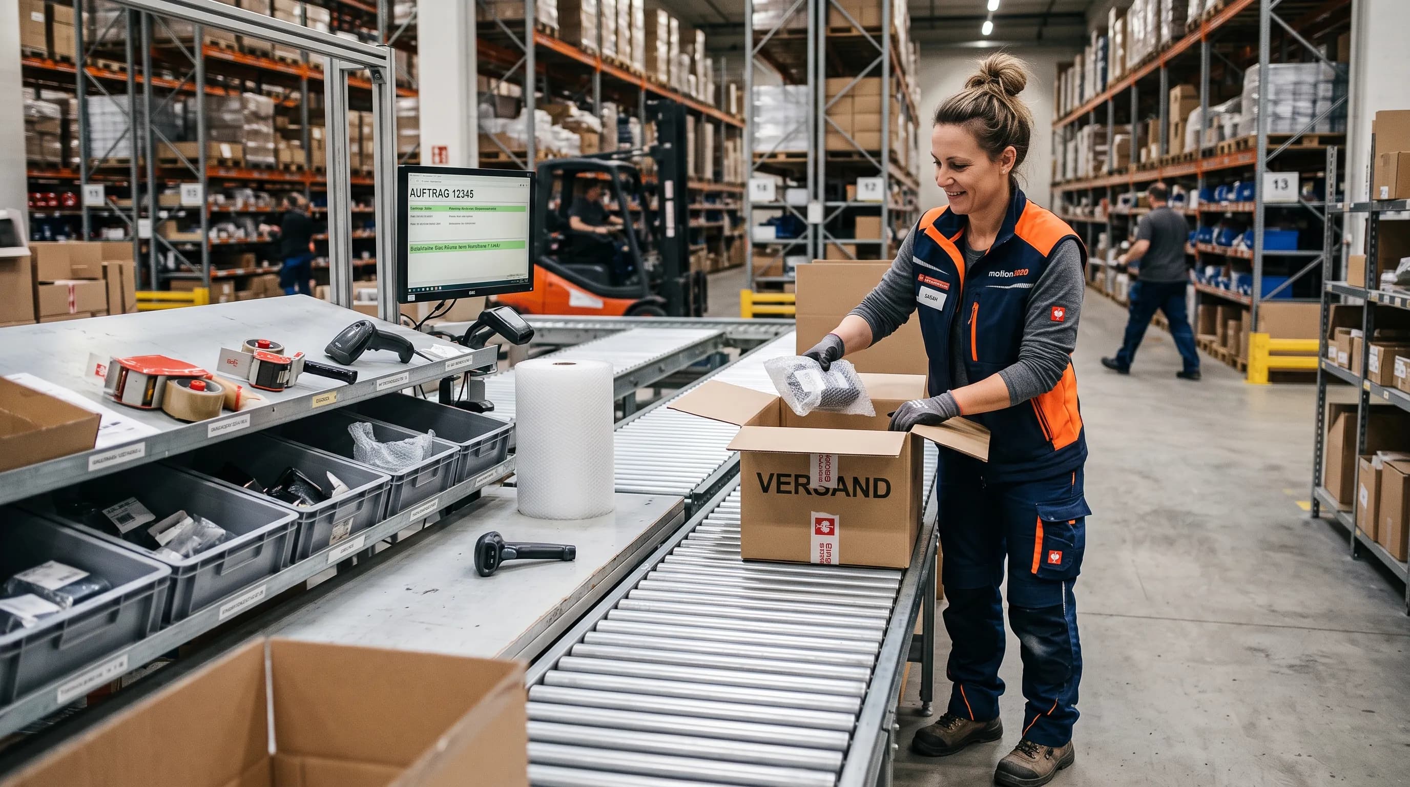 Mitarbeiterin an der Packstrecke im Lager